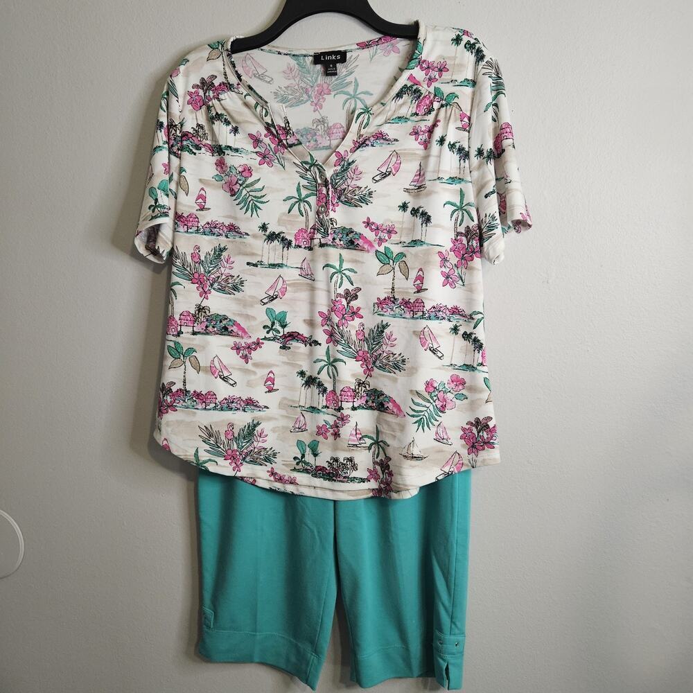 Links Womens 2pc Capri Set Green White Pull On Stretch Pockets Soft Knit Sz S